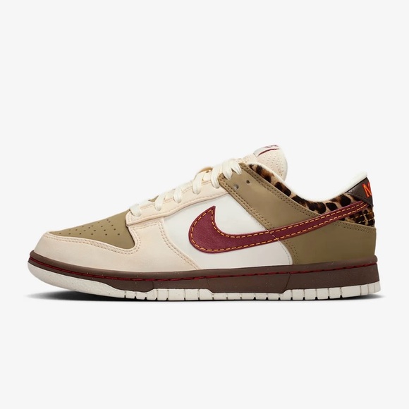 Nike Dunk Low SE Sneakers - Cream/Tan/Burgundy with Leopard Trim - Picture 2 of 5